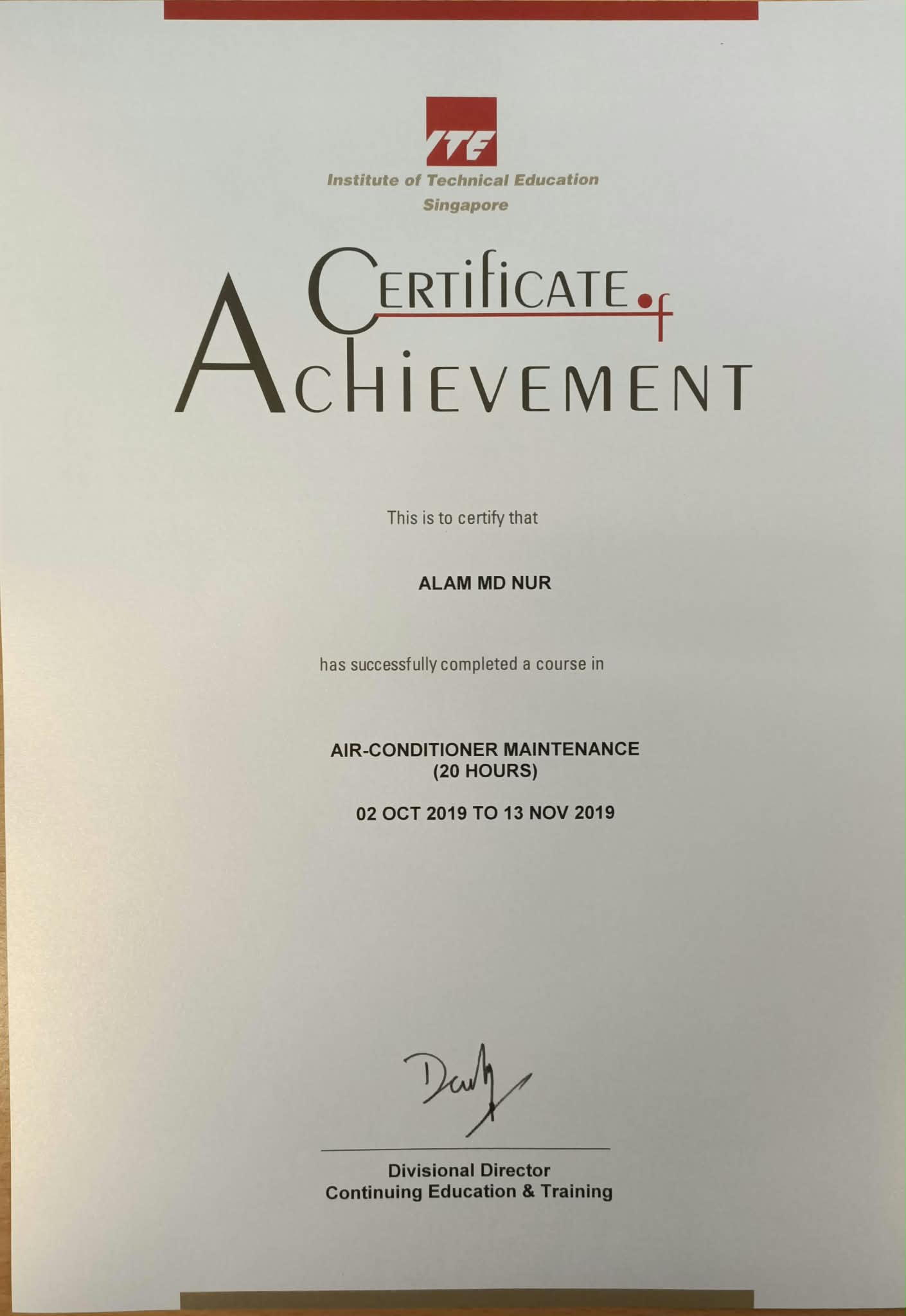 ITE Singapore Certificate of Achievement for Air Conditioner Maintenance
