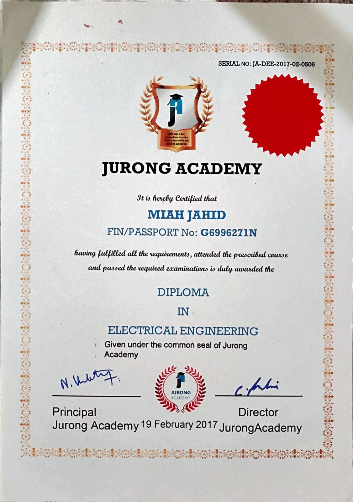 Diploma in Electrical Engineering from Jurong Academy Singapore