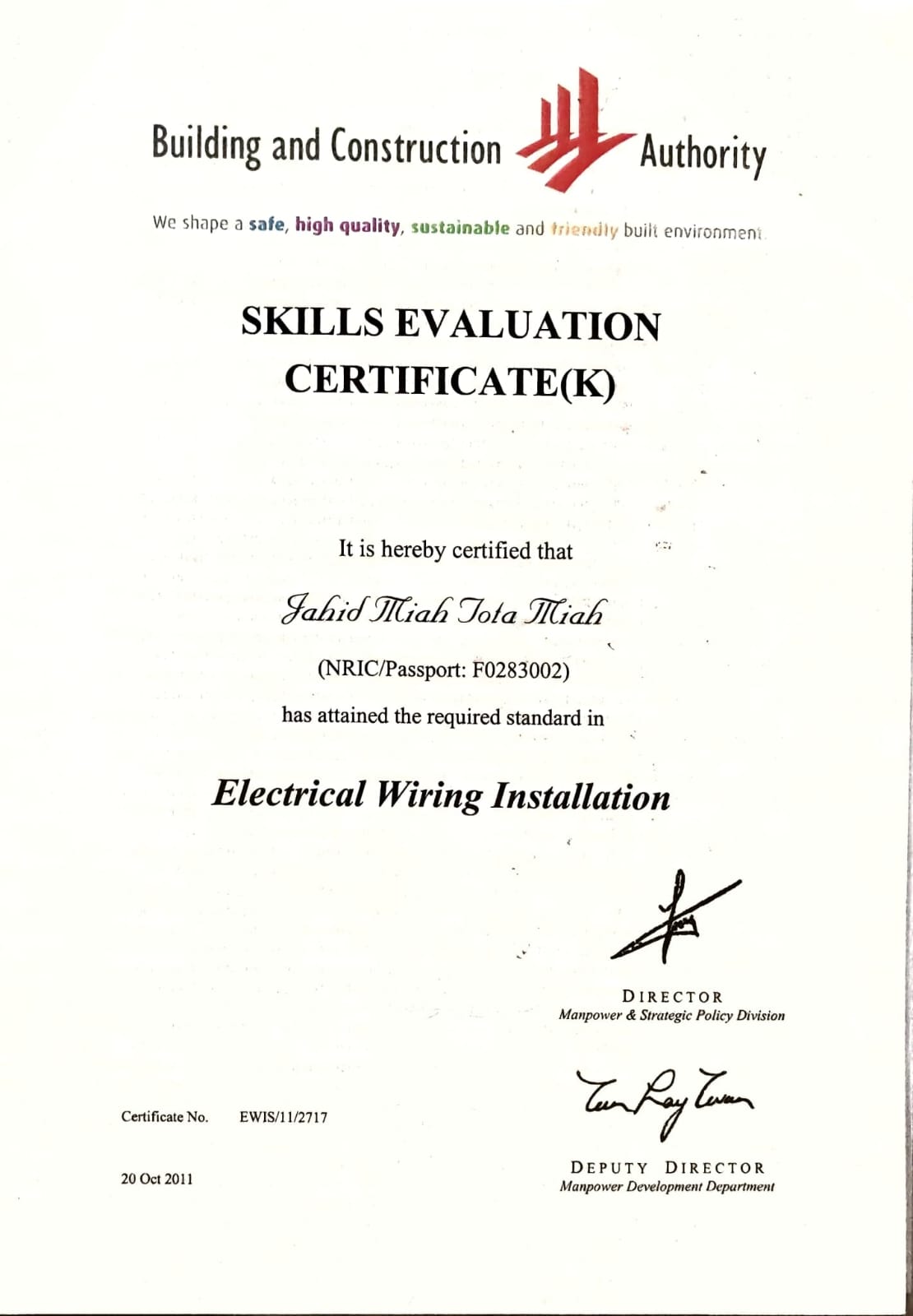 BCA Skills Evaluation Certificate for Electrical Wiring Installation in Singapore